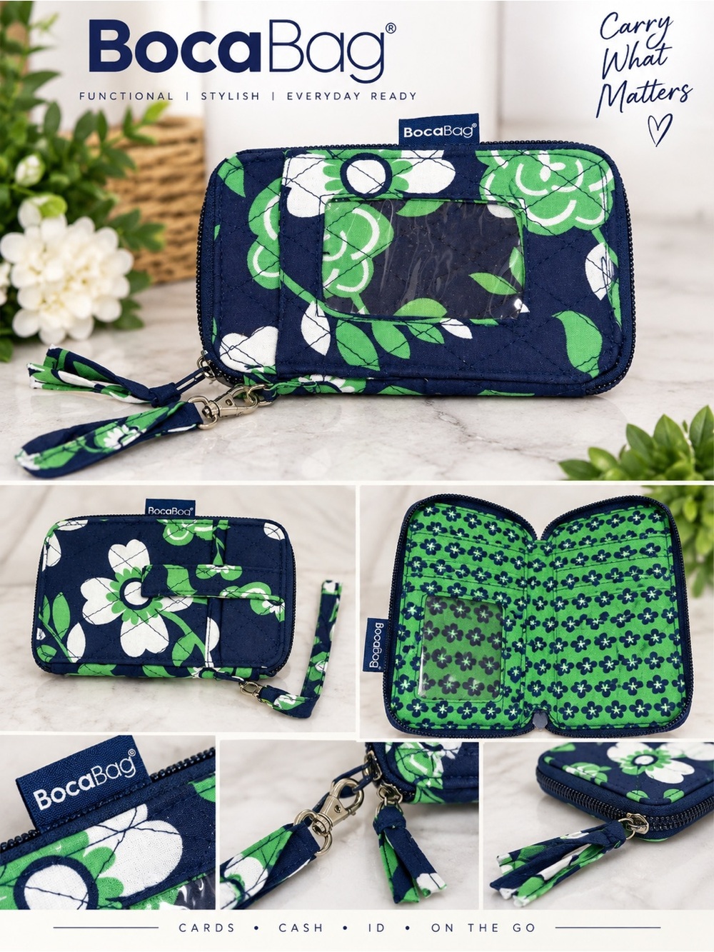 BocaBag Navy, Green & White Floral Wristlet Phone Case with ID Window